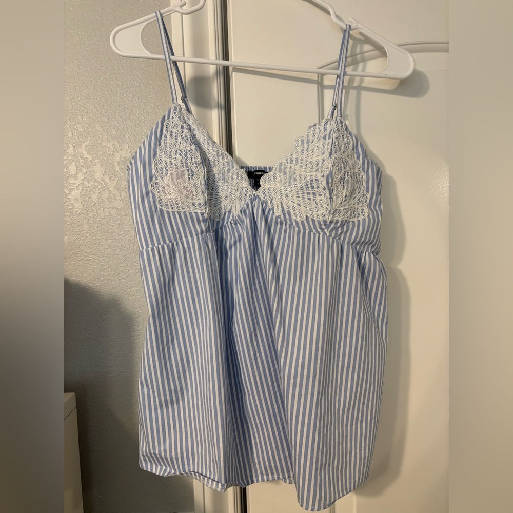 Express Blue and White Striped Chemise with Lace